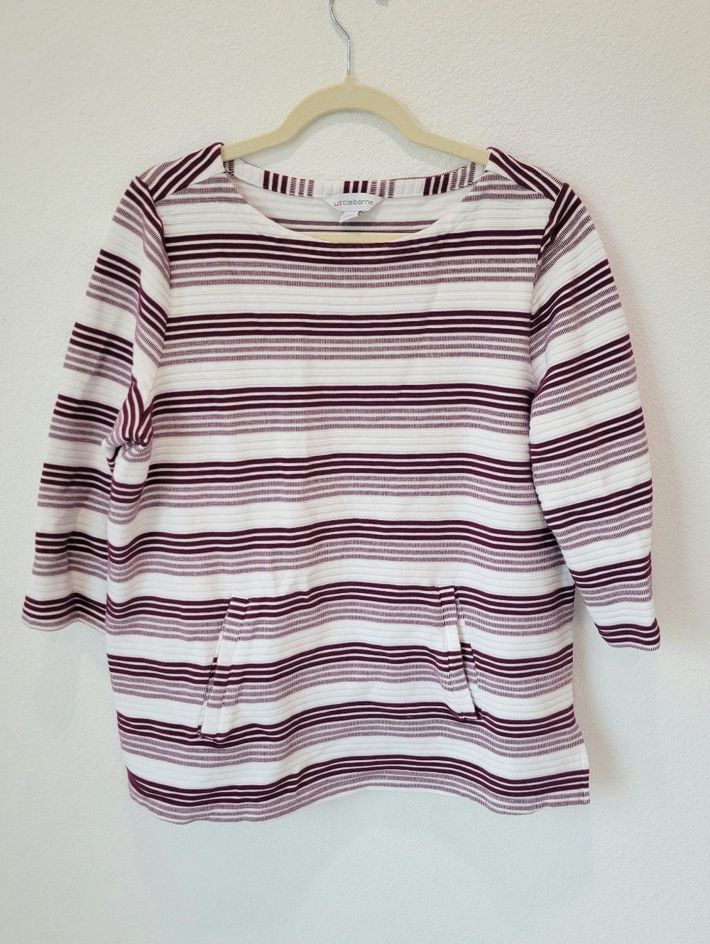 Liz Claiborne Striped 3/4 Sleeve Top L White Plum